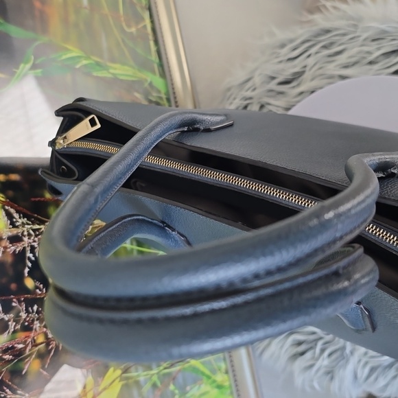 Furla Leather Shoulder Tote Dusty Blue Black Gold Logo 14x10 Excellent - Picture 5 of 13